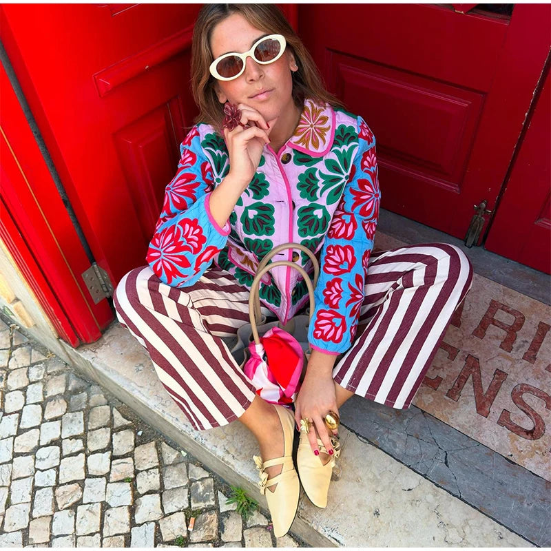 2025 Winter Women's Flower Print Parkas Lapel Single-breasted Long Sleeve Pocket Quilted Coat Female Vintege Lady New in Outwear