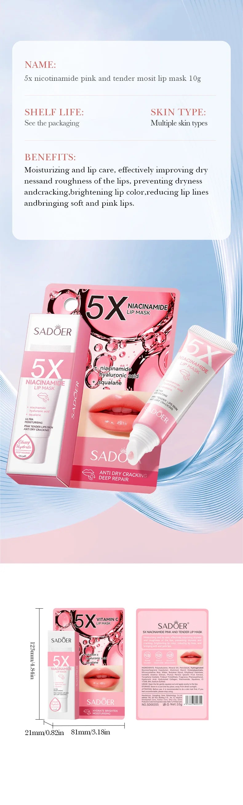 5X Niacinamide Plumping Lip Mask – Intense Hydration & Anti-Dryness for Soft, Pink Lips | Care Chapped Lips Overnig 10g/pc
