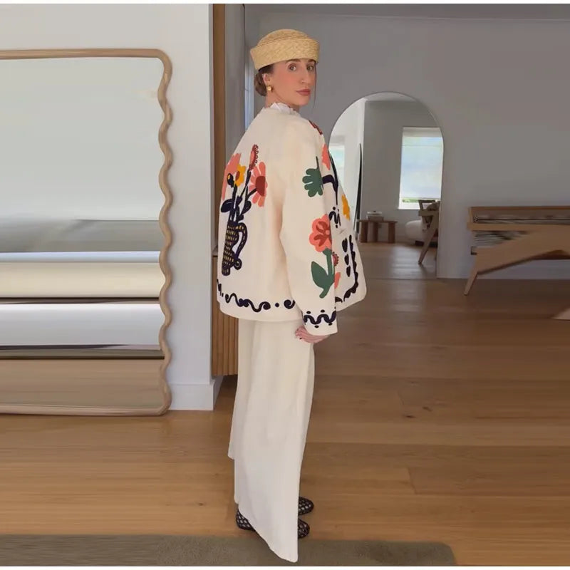 Fashion Women's Embroidery Short Jacket Loose O-neck Long Sleeve Buttons Female Cropped Coat 2026 Autumn Lady Casual Jackets
