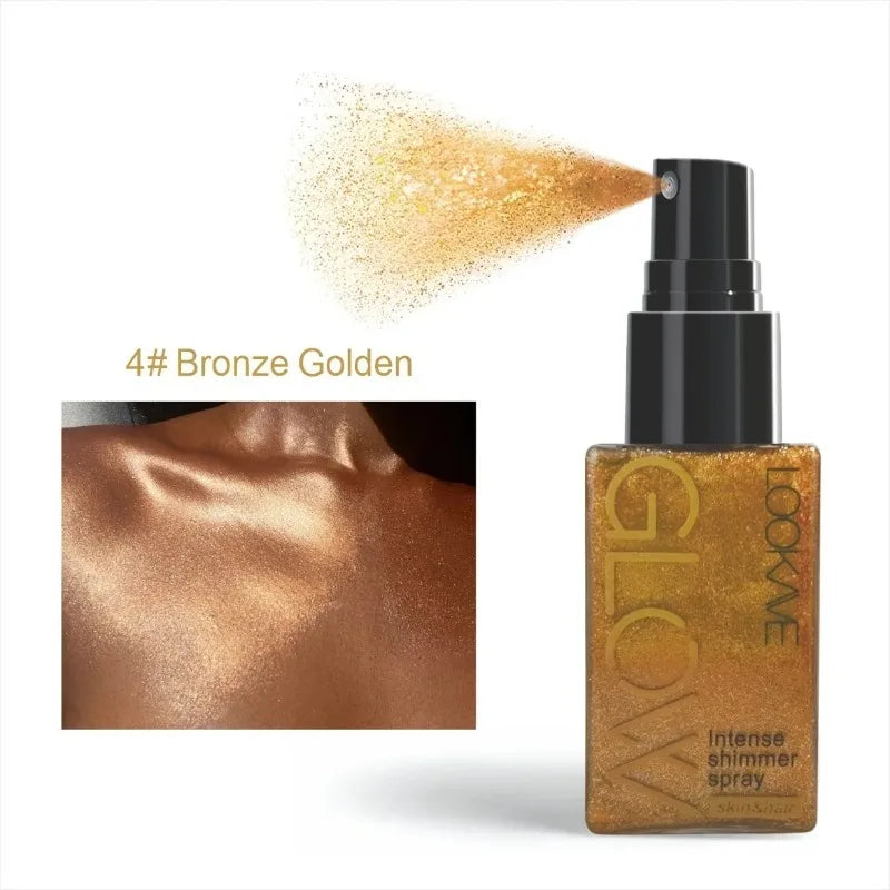 Pearlescent Glitter Spray Shimmer Oil Spray Lasting Shine Gold Bronze Contour Brighten for Face Body Sparkle Liquid Highlighter