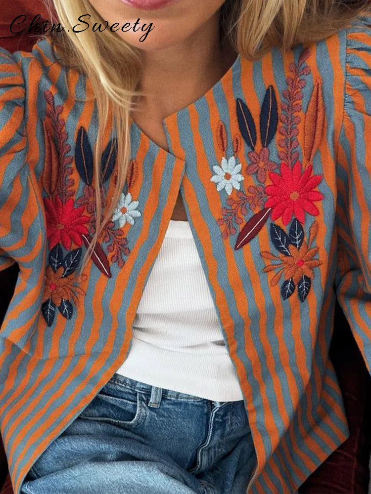Fashion Women's Embroidery Short Jacket Loose O-neck Long Sleeve Buttons Female Cropped Coat 2026 Autumn Lady Casual Jackets