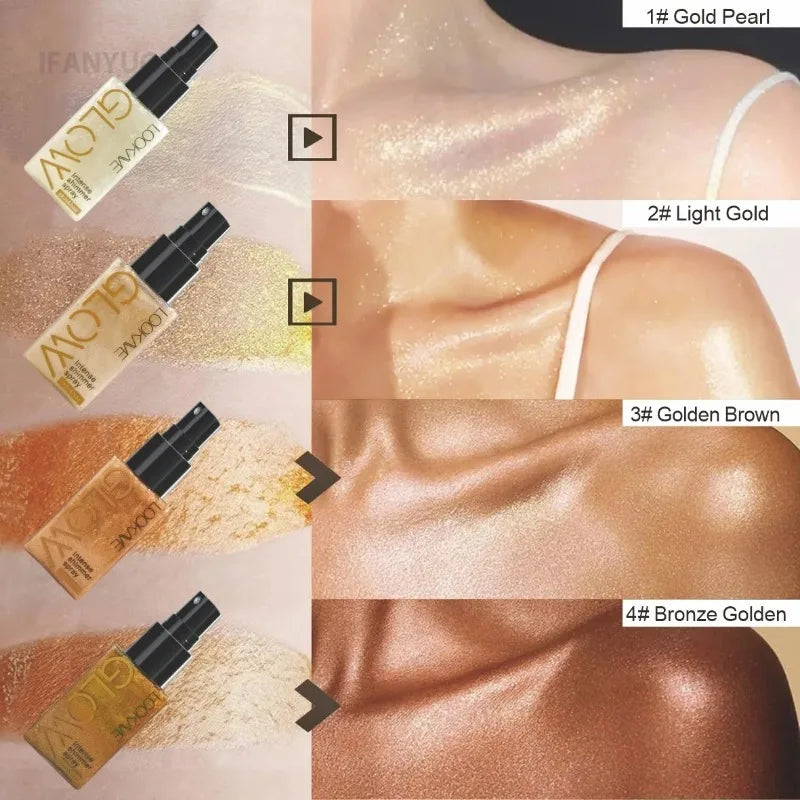 Pearlescent Glitter Spray Shimmer Oil Spray Lasting Shine Gold Bronze Contour Brighten for Face Body Sparkle Liquid Highlighter