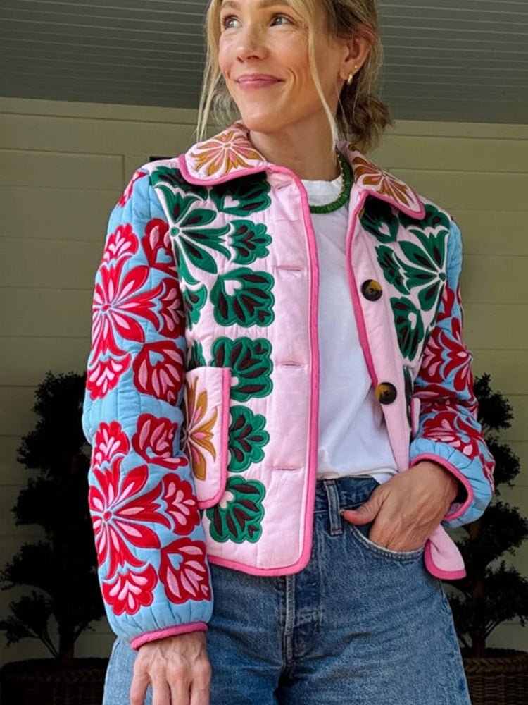 2025 Winter Women's Flower Print Parkas Lapel Single-breasted Long Sleeve Pocket Quilted Coat Female Vintege Lady New in Outwear