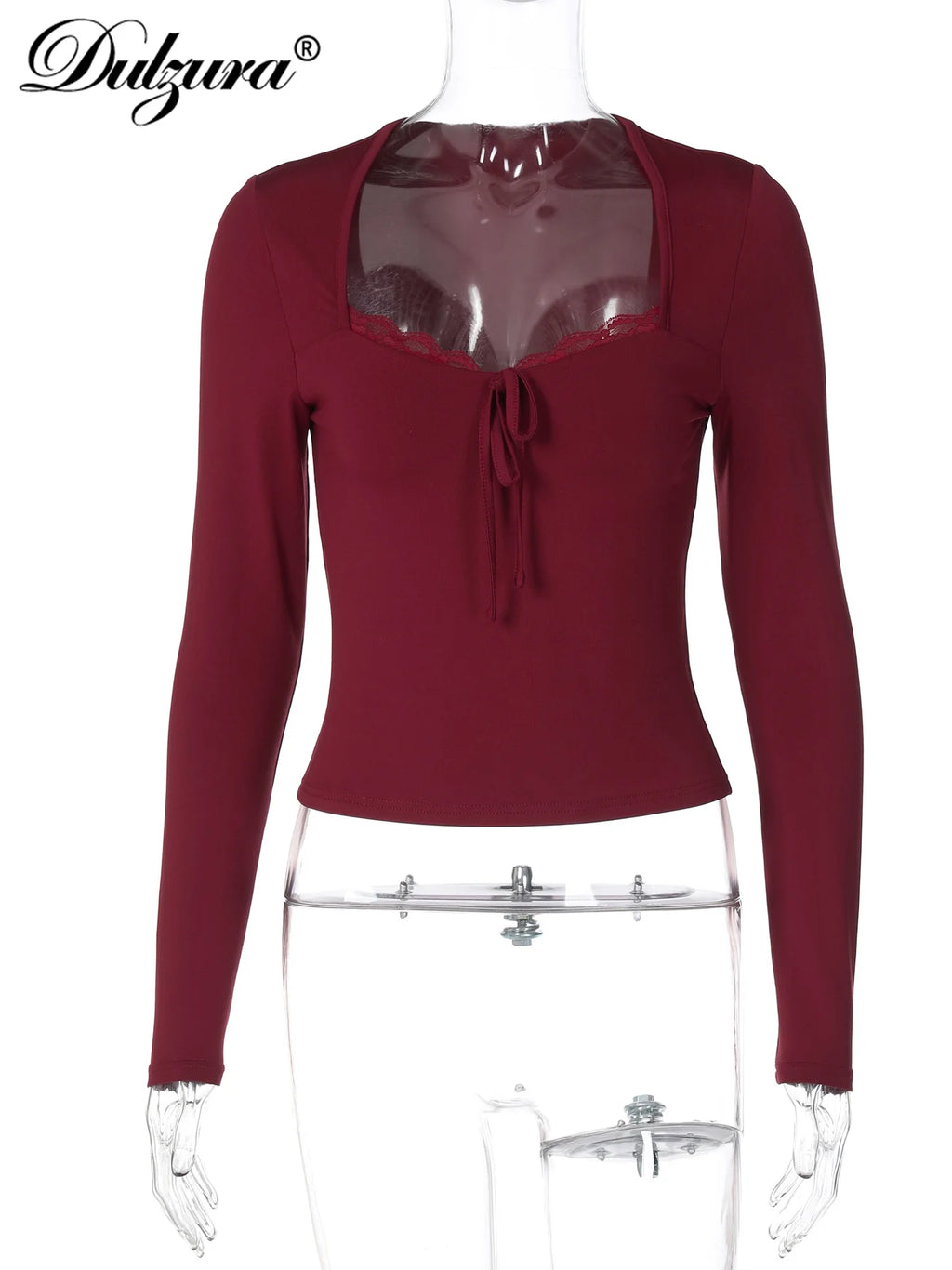 Dulzura 2025 Autumn Latest Fashion Sexy Square Collar Long Sleeve Slim Lace Up Lace Ruffles Patchwork T-Shirt Party Club Clothes