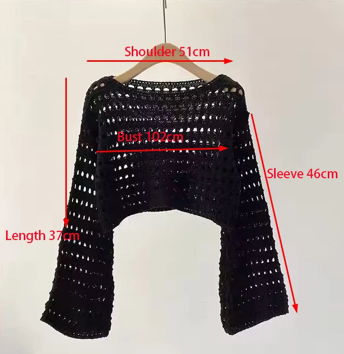 Long Sleeve Crochet Knit Top Summer Beach Bikini Cover Up Crop Pullover Wool Knitwear Blouse Women Vacation Boho Outfit