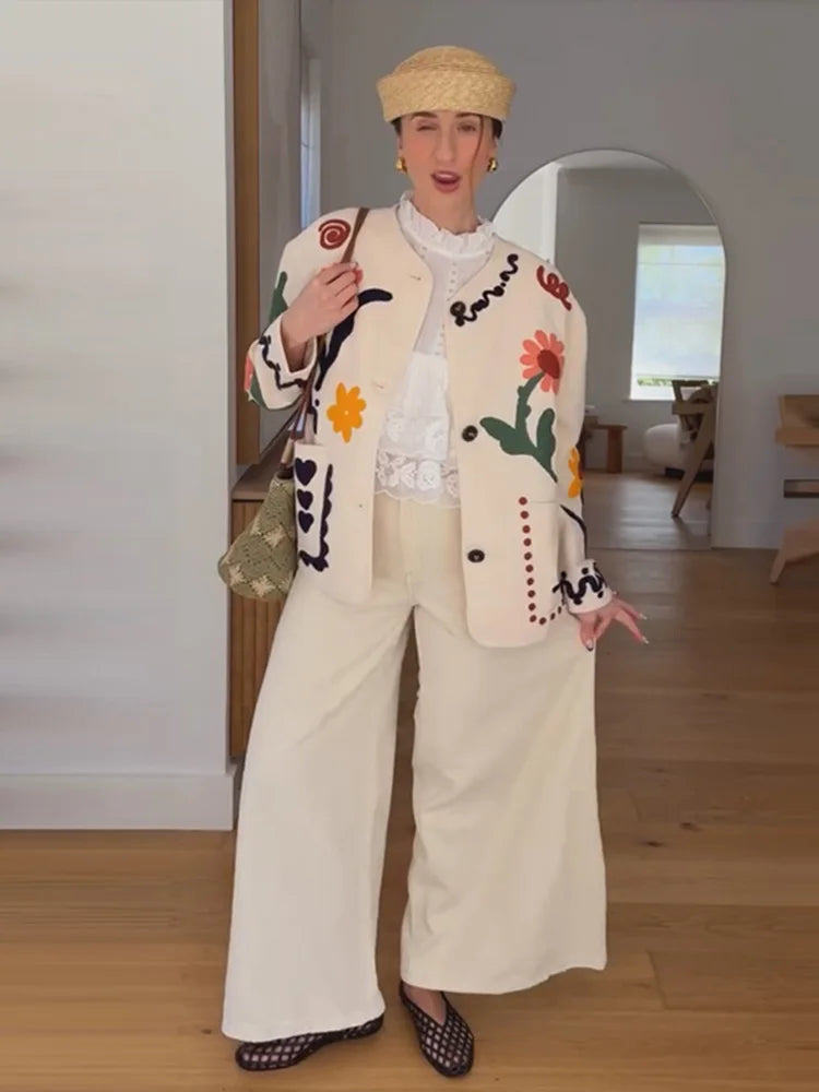 Fashion Women's Embroidery Short Jacket Loose O-neck Long Sleeve Buttons Female Cropped Coat 2026 Autumn Lady Casual Jackets