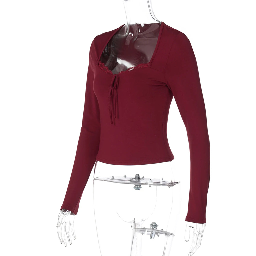 Dulzura 2025 Autumn Latest Fashion Sexy Square Collar Long Sleeve Slim Lace Up Lace Ruffles Patchwork T-Shirt Party Club Clothes