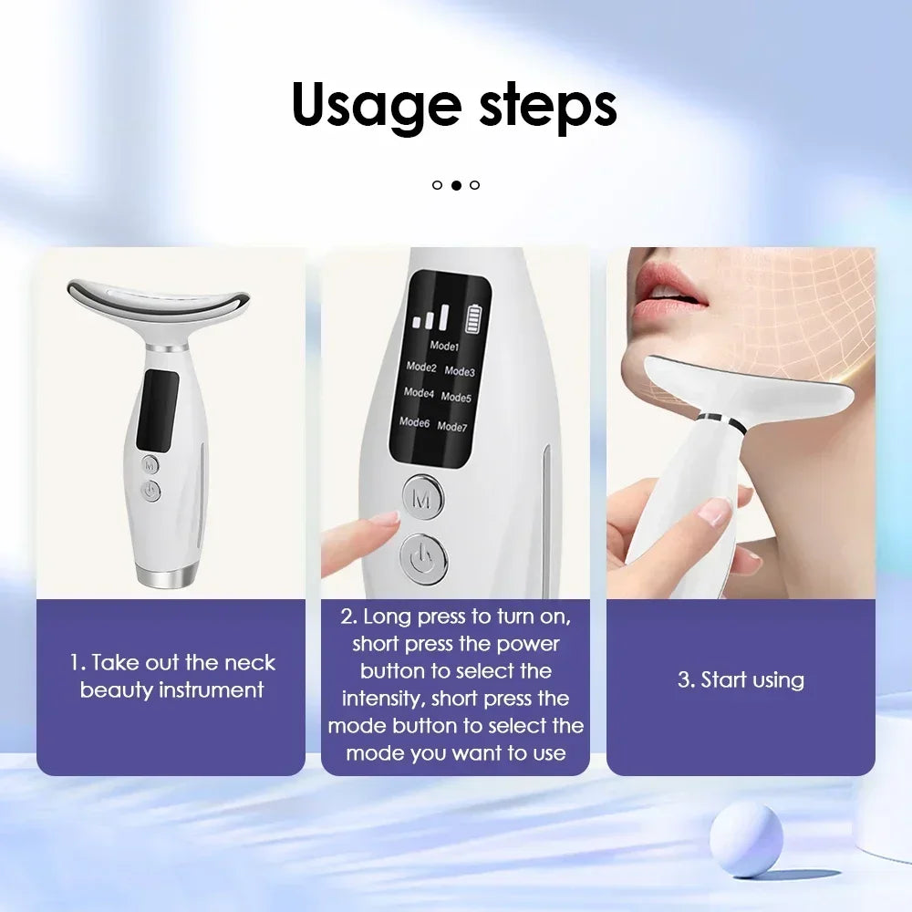 Portable 7 Colors LED Light Therapy Face Neck Massager 3 Gears Adjustable Gentle Vibration Anti Wrinkle Skin Tightening Lifting
