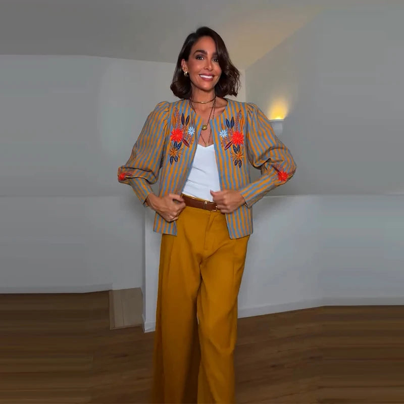Fashion Women's Embroidery Short Jacket Loose O-neck Long Sleeve Buttons Female Cropped Coat 2026 Autumn Lady Casual Jackets