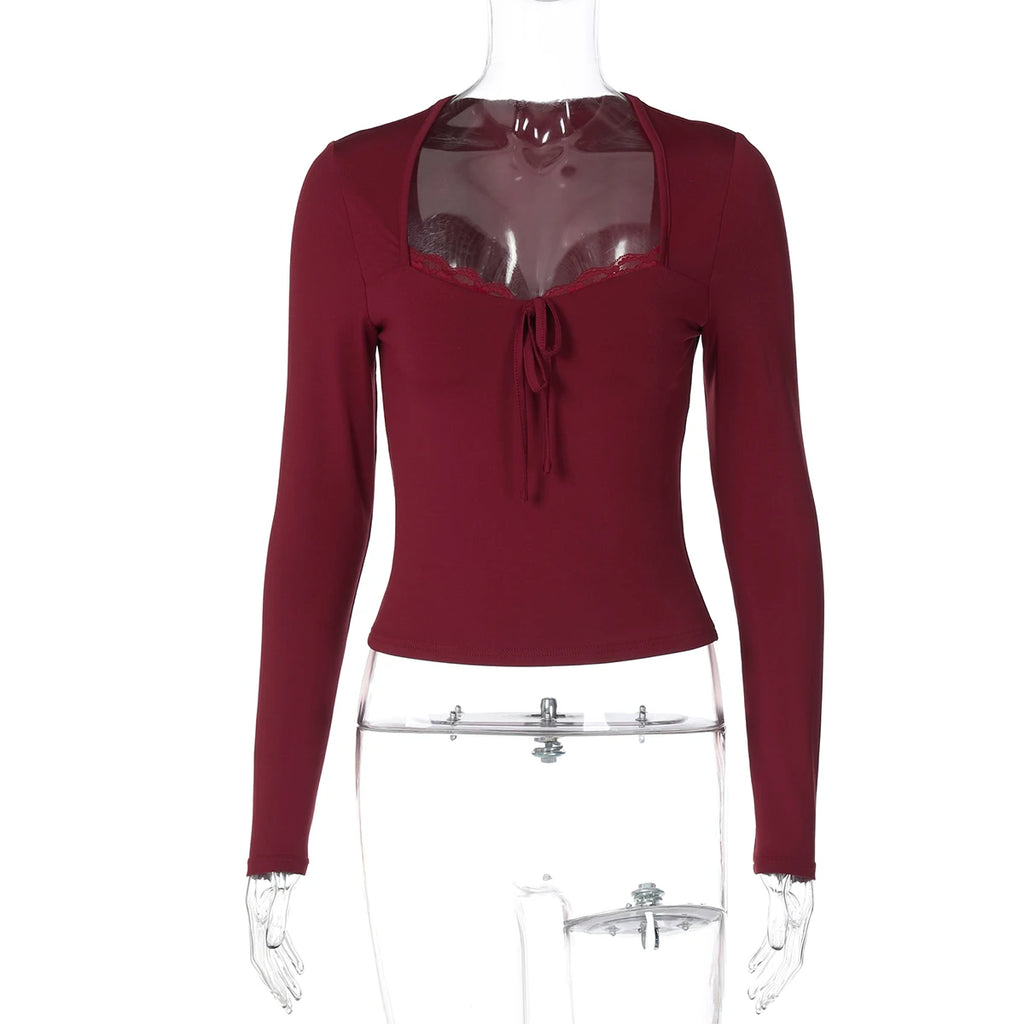 Dulzura 2025 Autumn Latest Fashion Sexy Square Collar Long Sleeve Slim Lace Up Lace Ruffles Patchwork T-Shirt Party Club Clothes