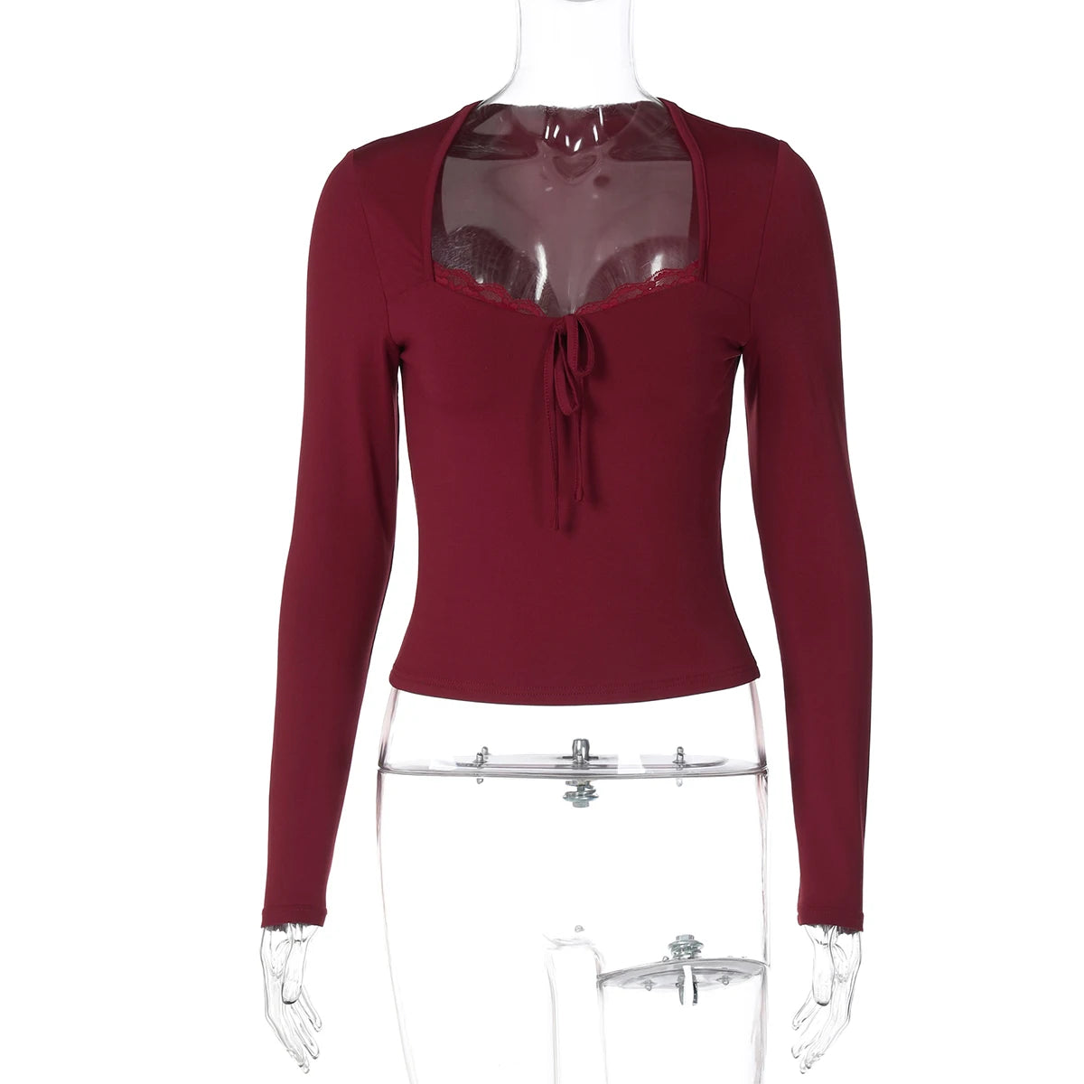Dulzura 2025 Autumn Latest Fashion Sexy Square Collar Long Sleeve Slim Lace Up Lace Ruffles Patchwork T-Shirt Party Club Clothes