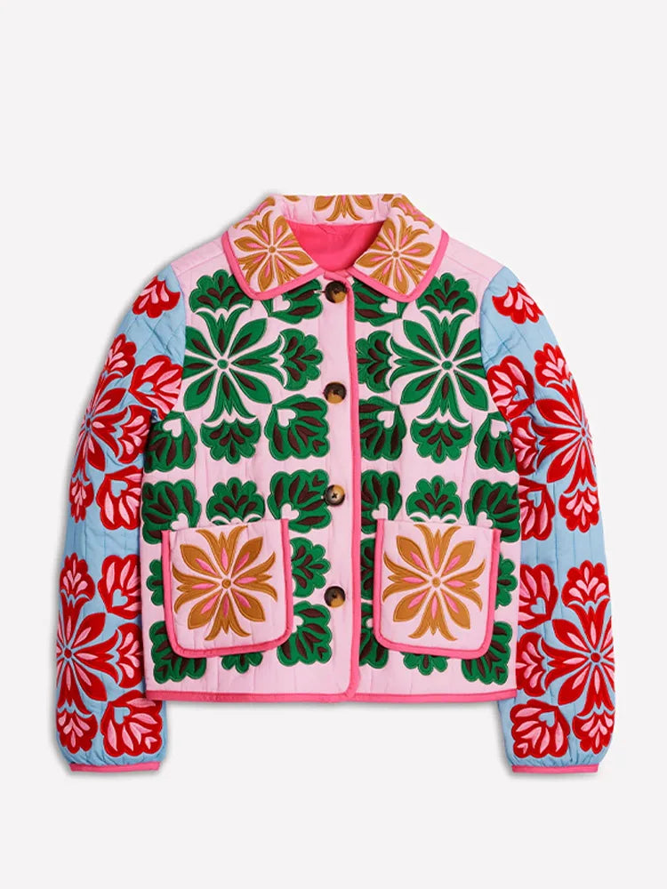 2025 Winter Women's Flower Print Parkas Lapel Single-breasted Long Sleeve Pocket Quilted Coat Female Vintege Lady New in Outwear