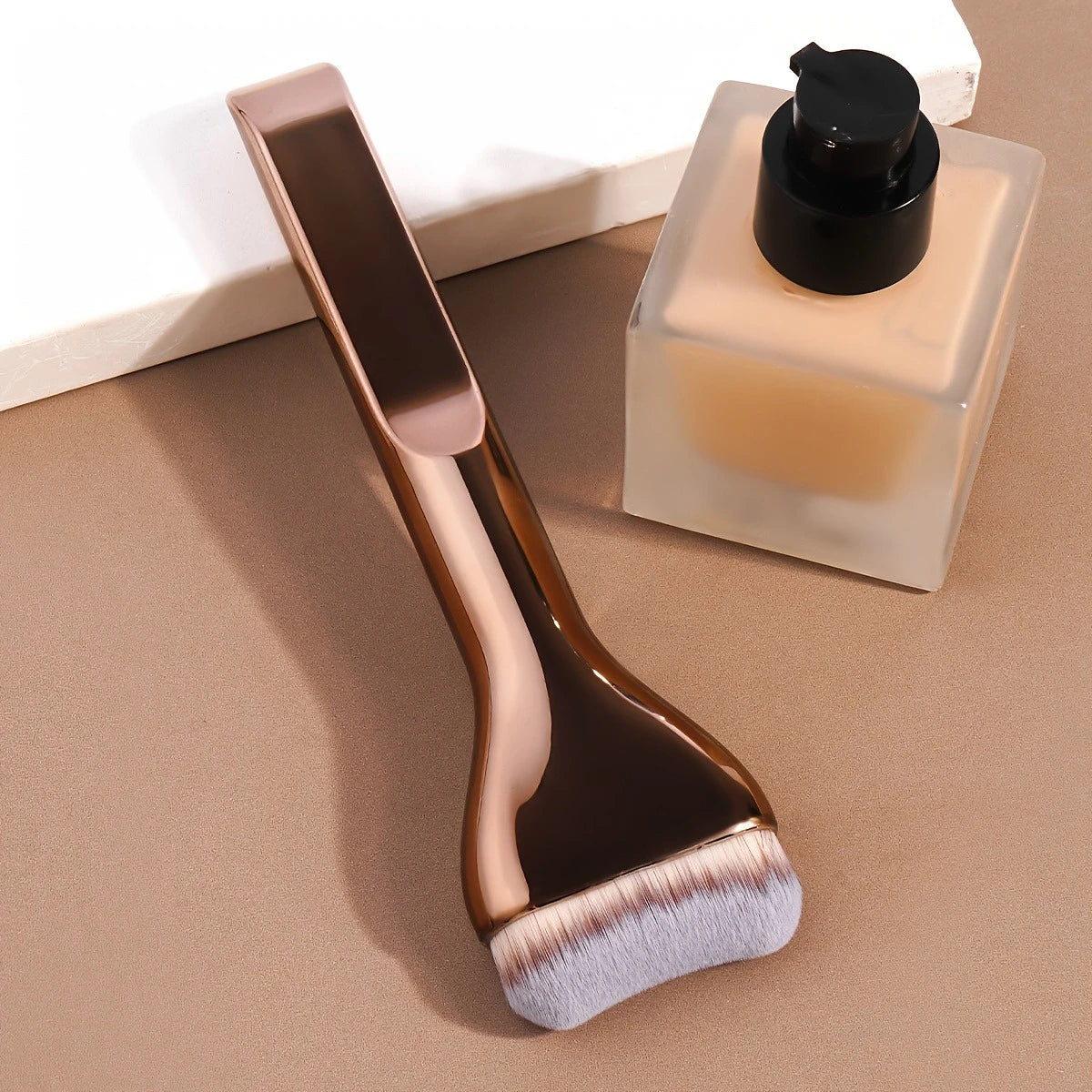 Professional Foundation Brush - Soft Nylon Bristles, Elegant Brown Handle, for BB Cream, Liquid Foundation, Powder - Travel